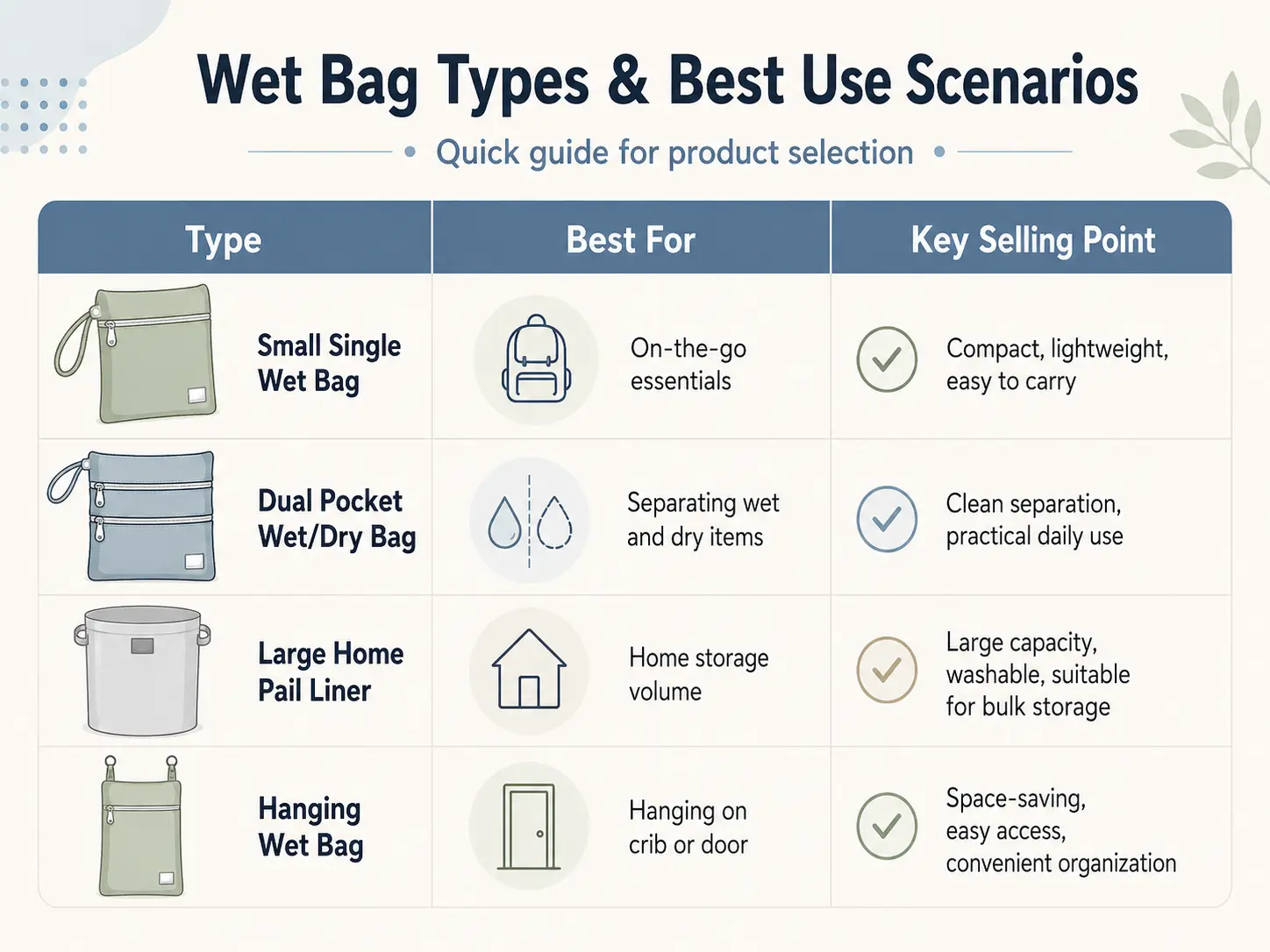 Wet bag types matched to their best uses small travel, wet dry double pocket, large pail liner and hanging.webp
